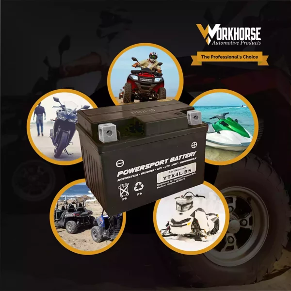 YTX4LBS Powersport Battery pictured with various applications: Scooter, ATV, UTV, Jetski, snowmobile