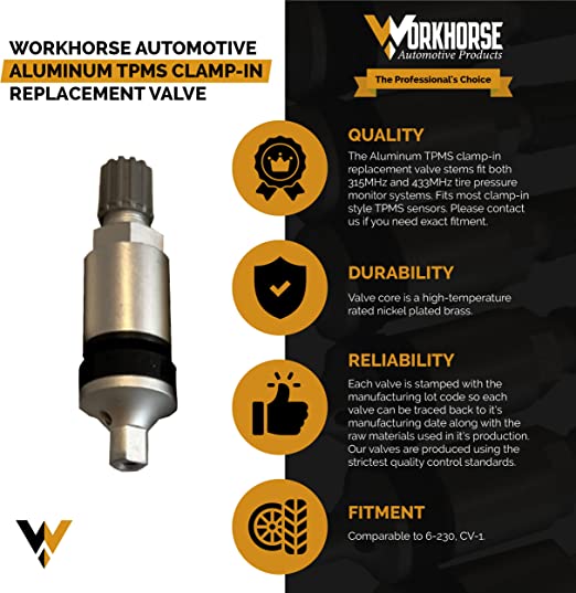 Workhorse Automotive Aluminum TPMS Clamp-In Replacement Tire Valve description
