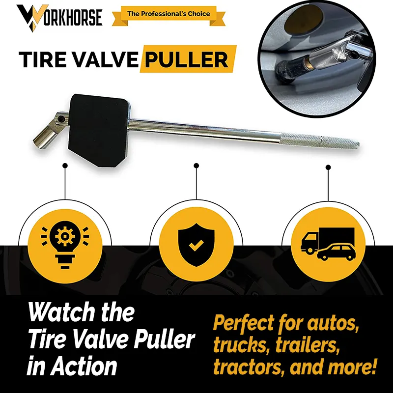 Tire valve puller. Perfect for autos, trucks, trailers, tractors, and more.